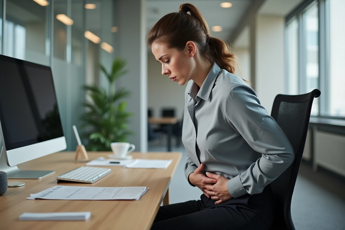 Femme assise à son bureau ressentant une douleur dans l'aine droite en position assise au travail