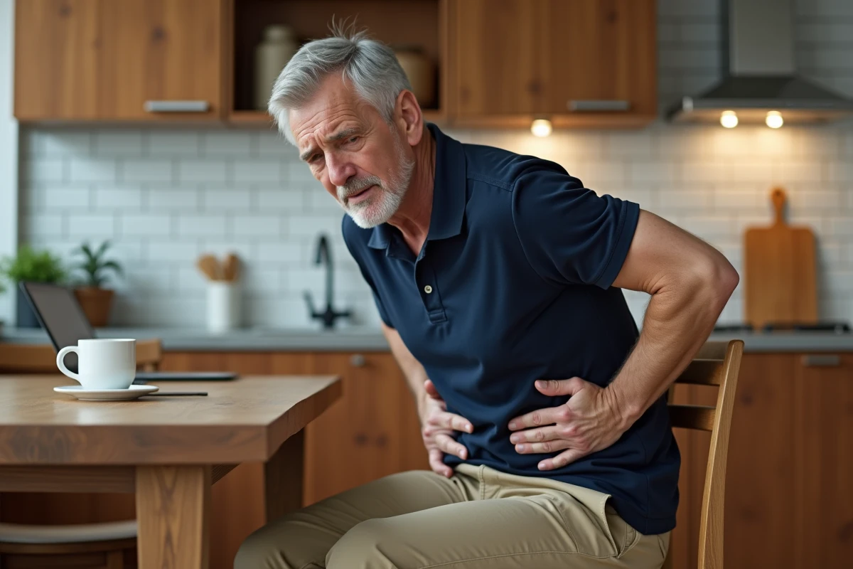 Homme en position assise à la maison souffrant d'une douleur à l'aine droite avec mauvaise posture