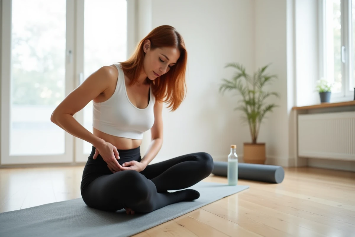 Femme sportive assise en tailleur sur un tapis de yoga avec douleur à l'aine droite après l'effort