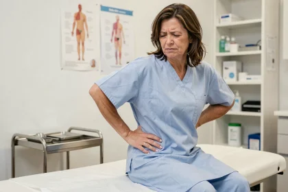 Femme d'âge mûr exprimant une douleur dorsale persistante après une infiltration, assise sur une table d'examen médical