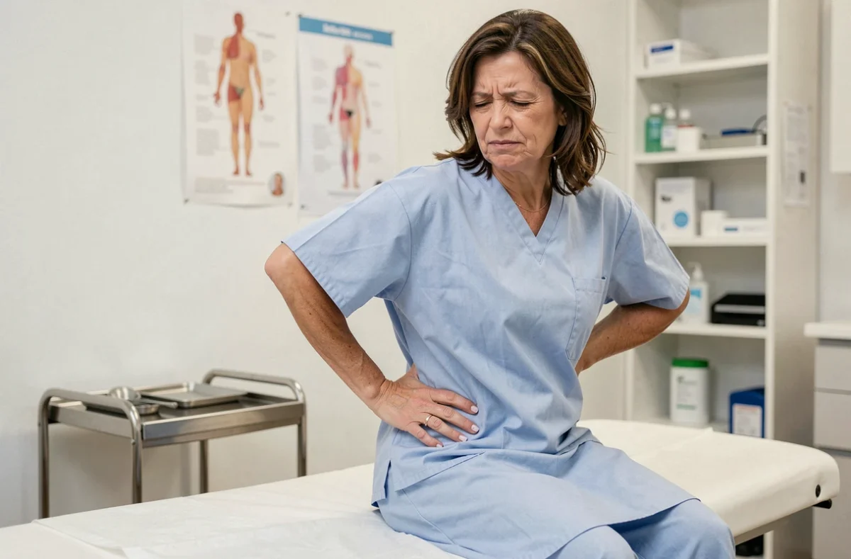 Femme d'âge mûr exprimant une douleur dorsale persistante après une infiltration, assise sur une table d'examen médical