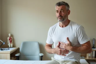 Homme d'âge moyen appuyant sa main sur ses côtes droites avec une expression de douleur intercostale dans un cabinet médical
