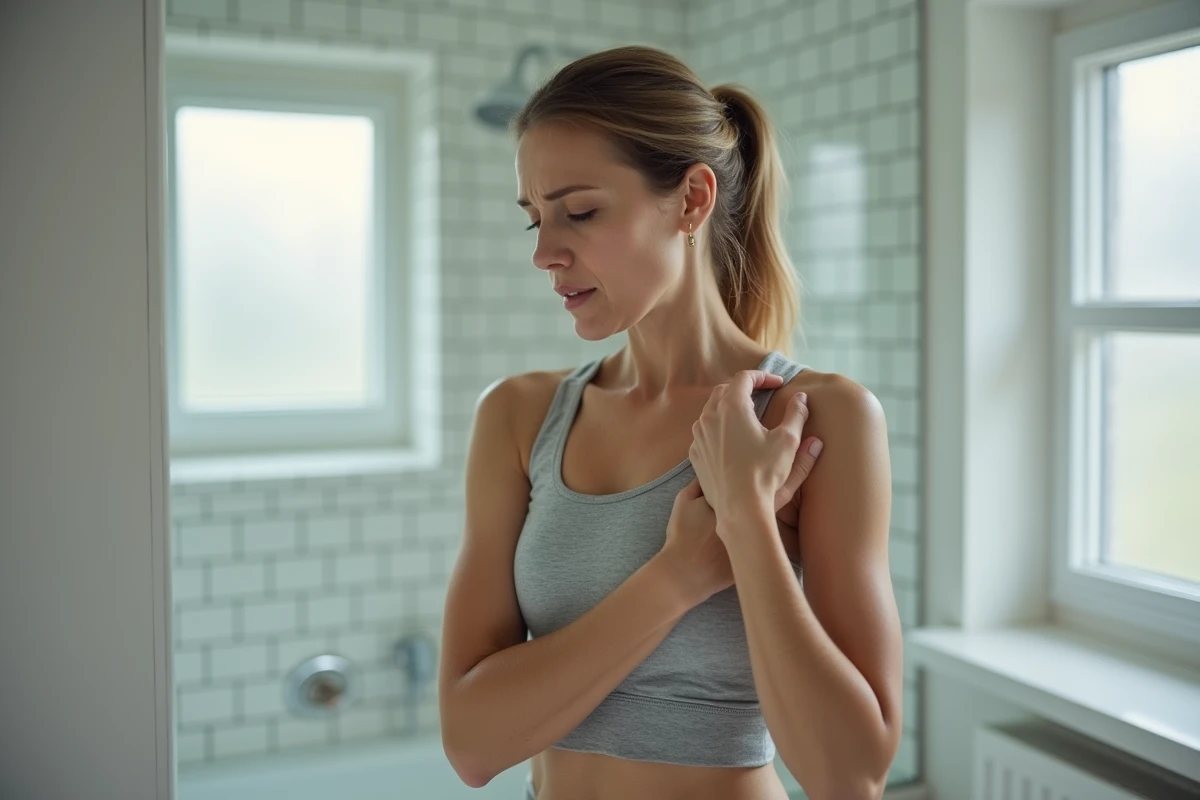Femme ressentant une douleur sous l'aisselle gauche, se touchant la zone axillaire avec une expression préoccupée
