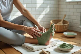 Femme appliquant un emplâtre d'argile verte sur une cheville entorsée en position assise sur un sol en bois