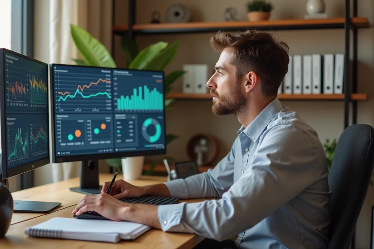 Entrepreneur analysant des tableaux de bord financiers sur double écran dans un bureau à domicile
