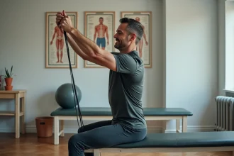 Homme en séance de physiothérapie avec bande de resistance