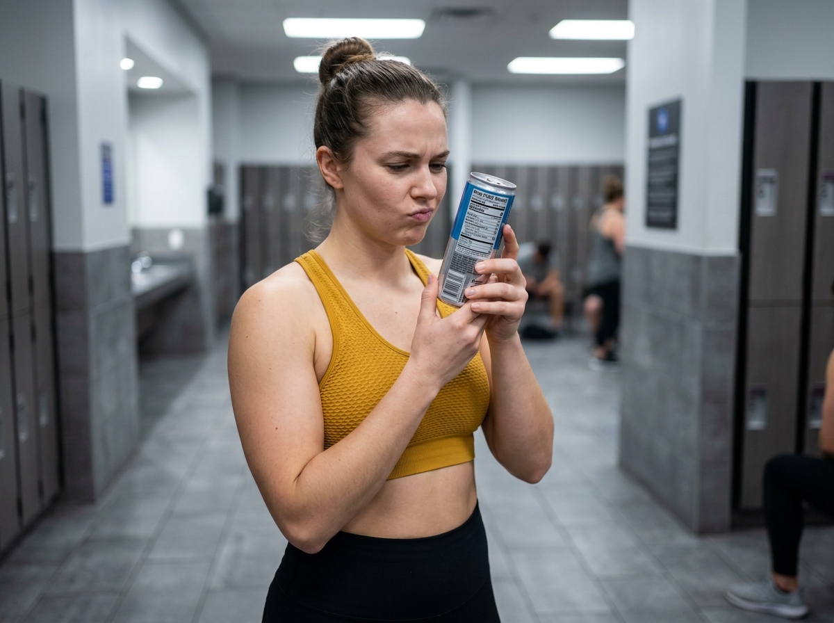 Femme lisant l'étiquette nutritionnelle d'une boisson énergétique dans un vestiaire de salle de sport, questionnant la fréquence de consommation recommandée