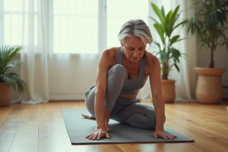 Femme d'âge mûr effectuant un exercice de mobilité articulaire sur un tapis de yoga chez elle pour retrouver confort au quotidien