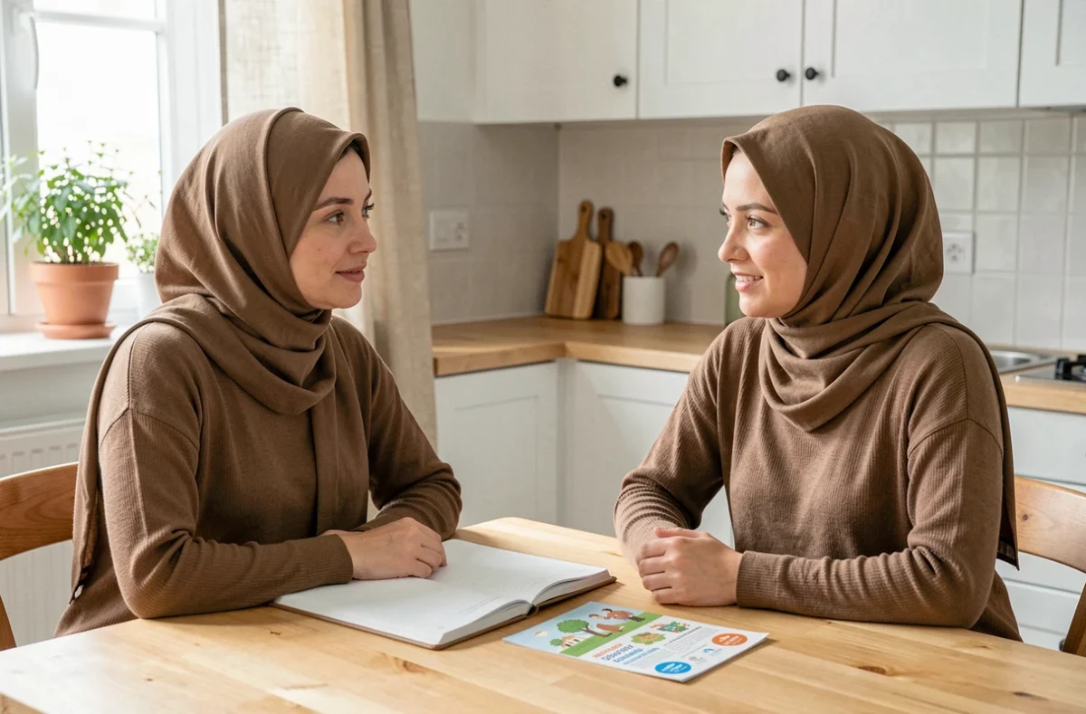 Deux femmes musulmanes assises à une table, l'une expliquant les étapes de la grande ablution à une nouvelle convertie avec des notes