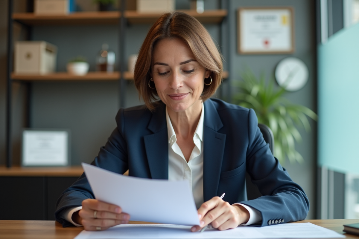 Femme d affaires examine des documents dans un bureau moderne