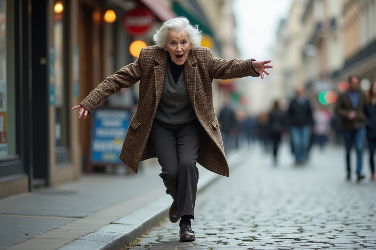Femme agee trébuchant sur un trottoir urbain en équilibre