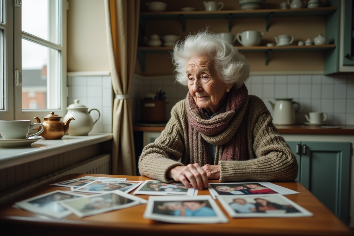 Femme âgée regardant des photos de famille dans sa cuisine