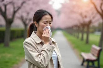 Femme adulte dans un parc printanier qui tousse à cause des allergies au pollen, tenant un mouchoir devant la bouche