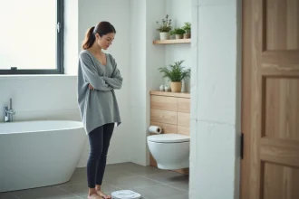 Femme en surpoids apparent se regardant sur une balance dans une salle de bain, exprimant de la perplexité face à une prise de poids inexpliquée