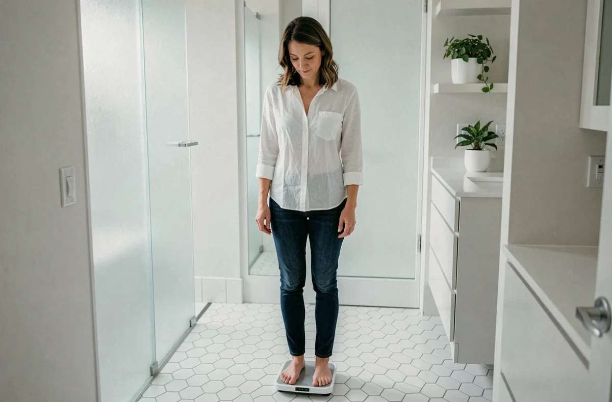 Femme sur une balance dans une salle de bain épurée pendant une cure minceur Lumilean