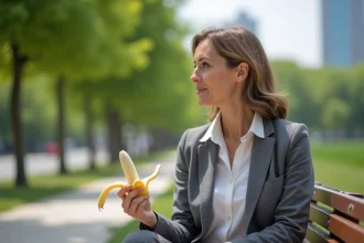 Femme assise sur un banc dans un parc avec une banane