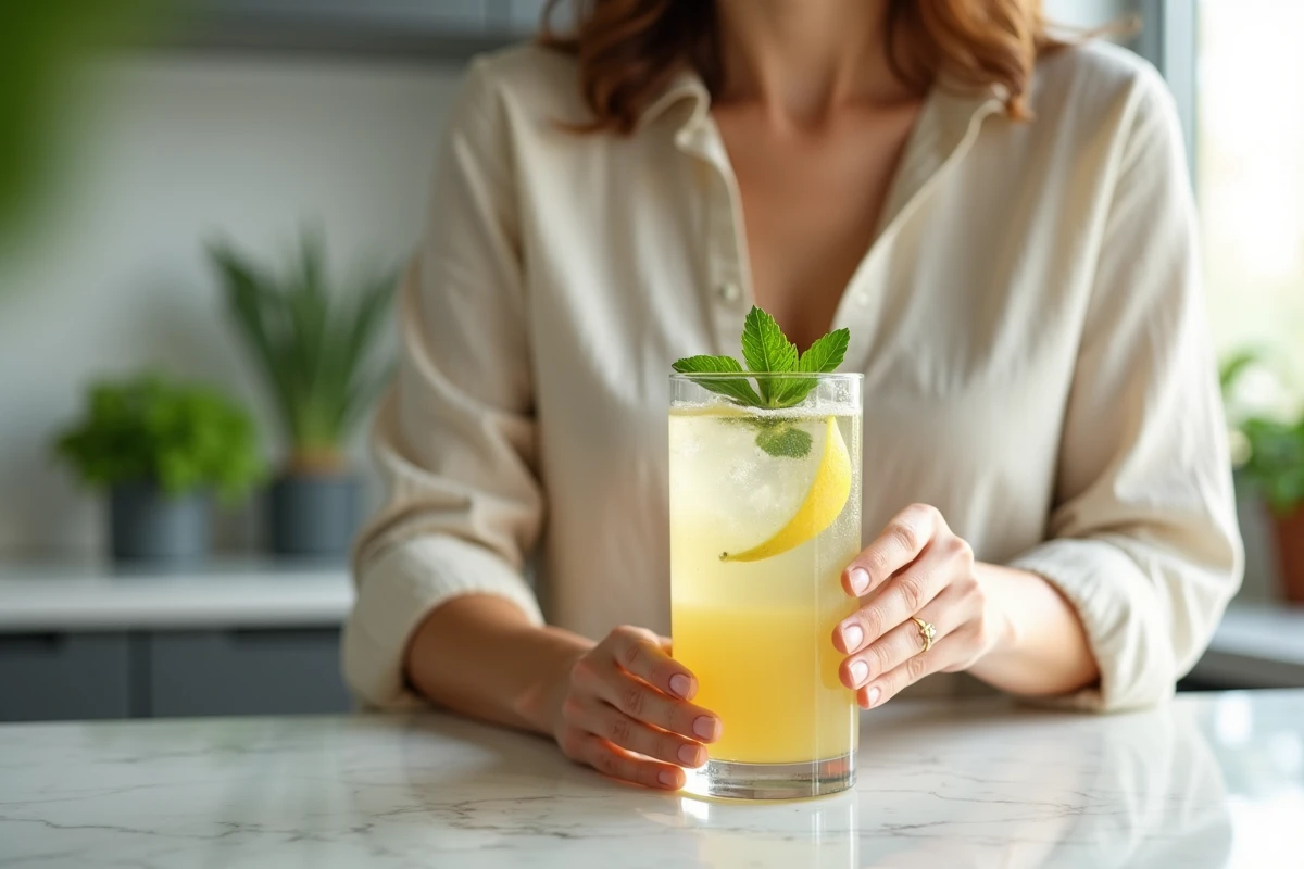 Femme tenant un verre de boisson Bonjour dans une cuisine moderne, illustrant les bienfaits de cette boisson santé