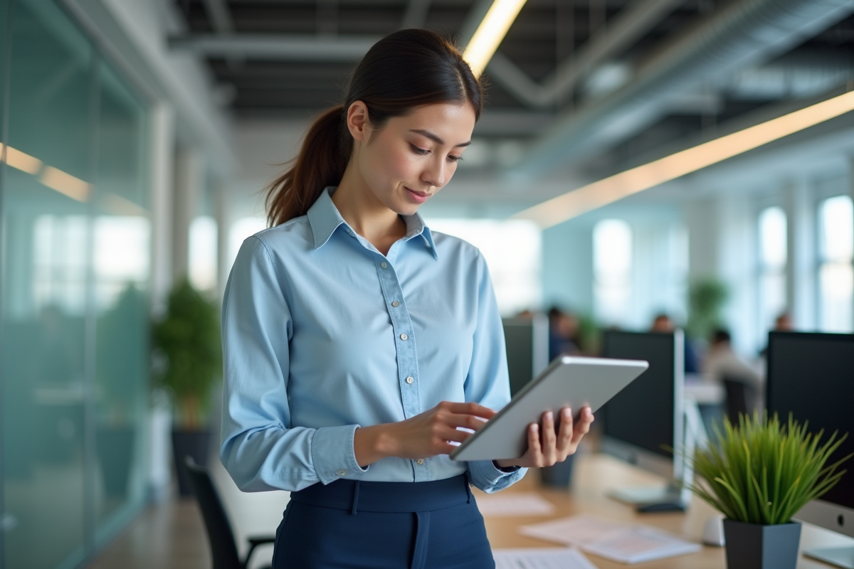 Femme professionnelle vérifiant une checklist sur tablette au bureau