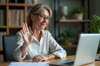 Femme d'âge moyen dans un bureau à domicile surprise en se secouant la main