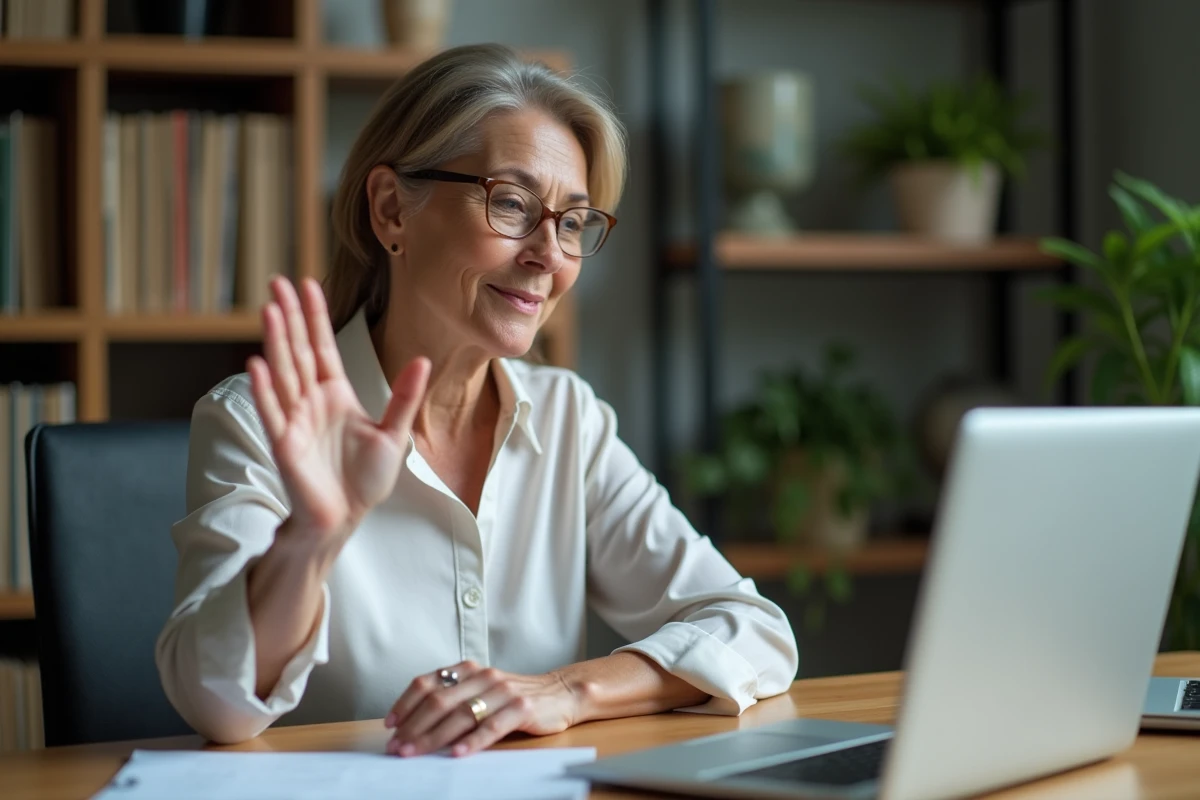 Femme d'&acirc;ge moyen dans un bureau &agrave; domicile surprise en se secouant la main