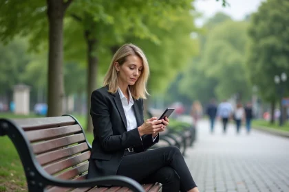 Femme d'affaires assise dans un parc urbain regardant son smartphone