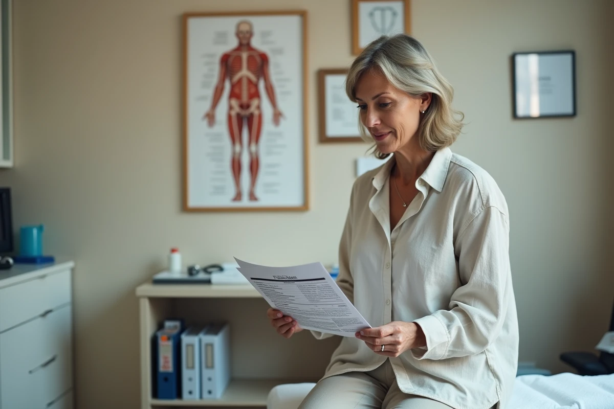 Femme d'une cinquantaine d'ann&eacute;es dans un cabinet m&eacute;dical consultant ses r&eacute;sultats d'analyses, &eacute;voquant une cause hormonale ou thyro&iuml;dienne &agrave; une prise de poids inexpliqu&eacute;e