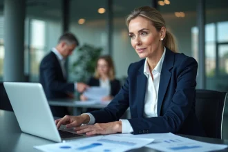 Femme cadre analysant des rapports financiers et des indicateurs de performance dans un bureau moderne