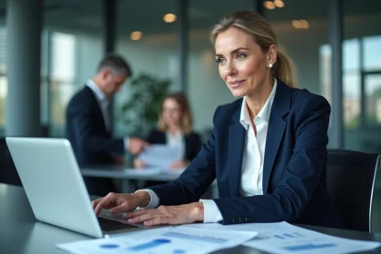 Femme cadre analysant des rapports financiers et des indicateurs de performance dans un bureau moderne