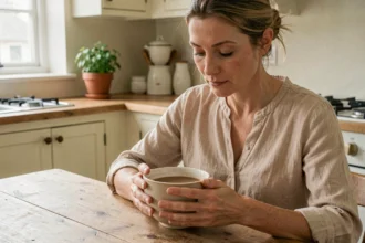 Femme tenant un bol de café au lait dans une cuisine française, illustrant la question du calcium et de la santé des os