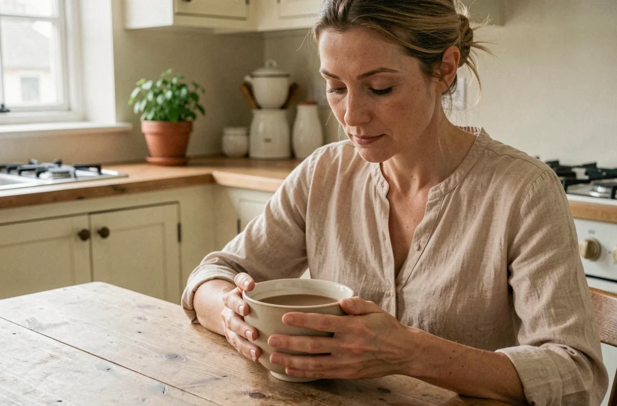 Femme tenant un bol de café au lait dans une cuisine française, illustrant la question du calcium et de la santé des os
