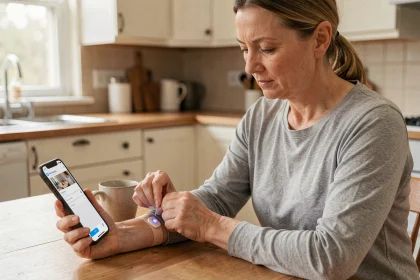 Femme de 45 ans connectant un capteur de glycémie sur son avant-bras à une application de suivi du diabète sur smartphone, dans une cuisine moderne