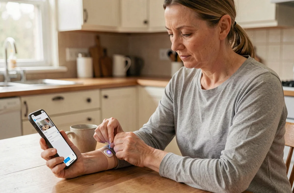 Femme de 45 ans connectant un capteur de glycémie sur son avant-bras à une application de suivi du diabète sur smartphone, dans une cuisine moderne