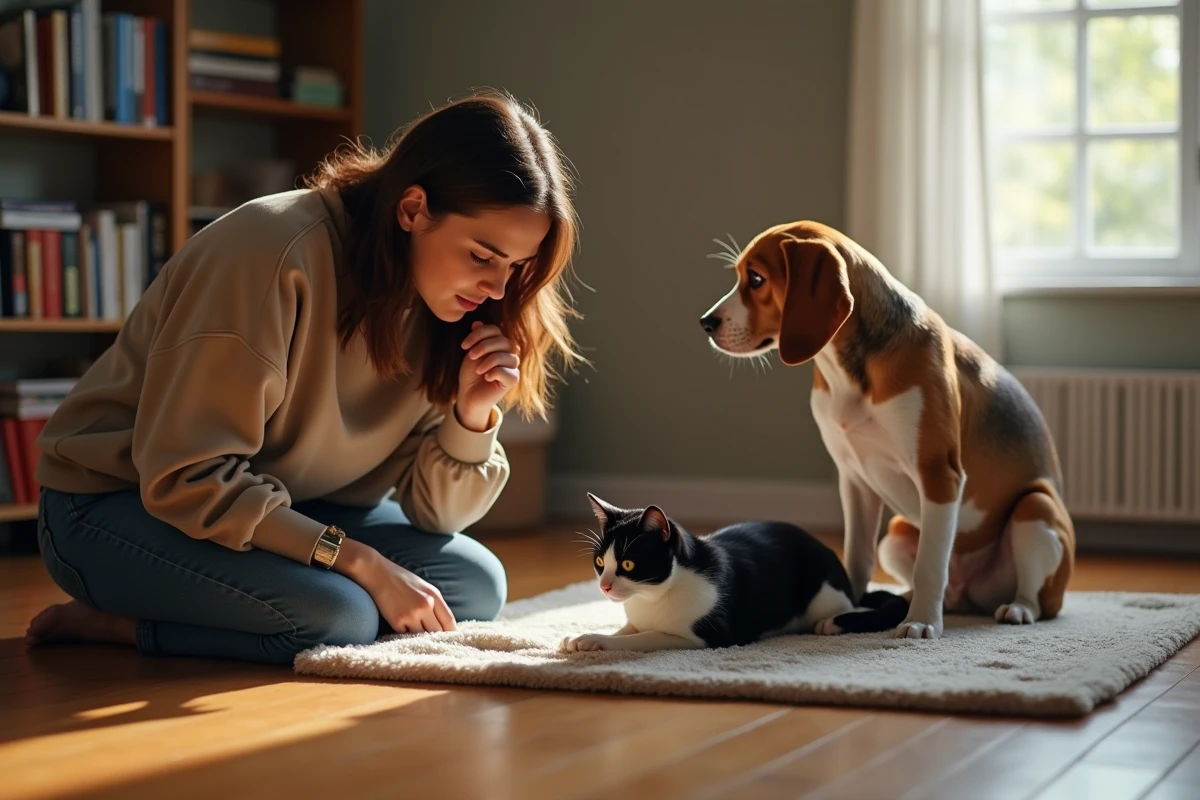 Femme inquiète observant un chat aux pupilles dilatées allongé sur une couverture avec un chien beagle à côté