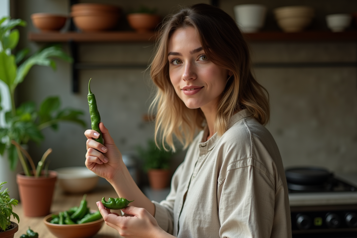 Femme tenant un piment vert dans une cuisine chaleureuse