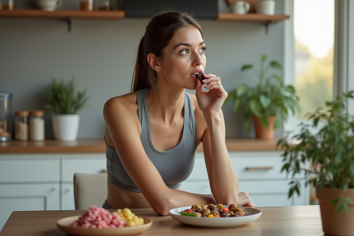 Jeune femme mangeant du chocolat dans une cuisine moderne