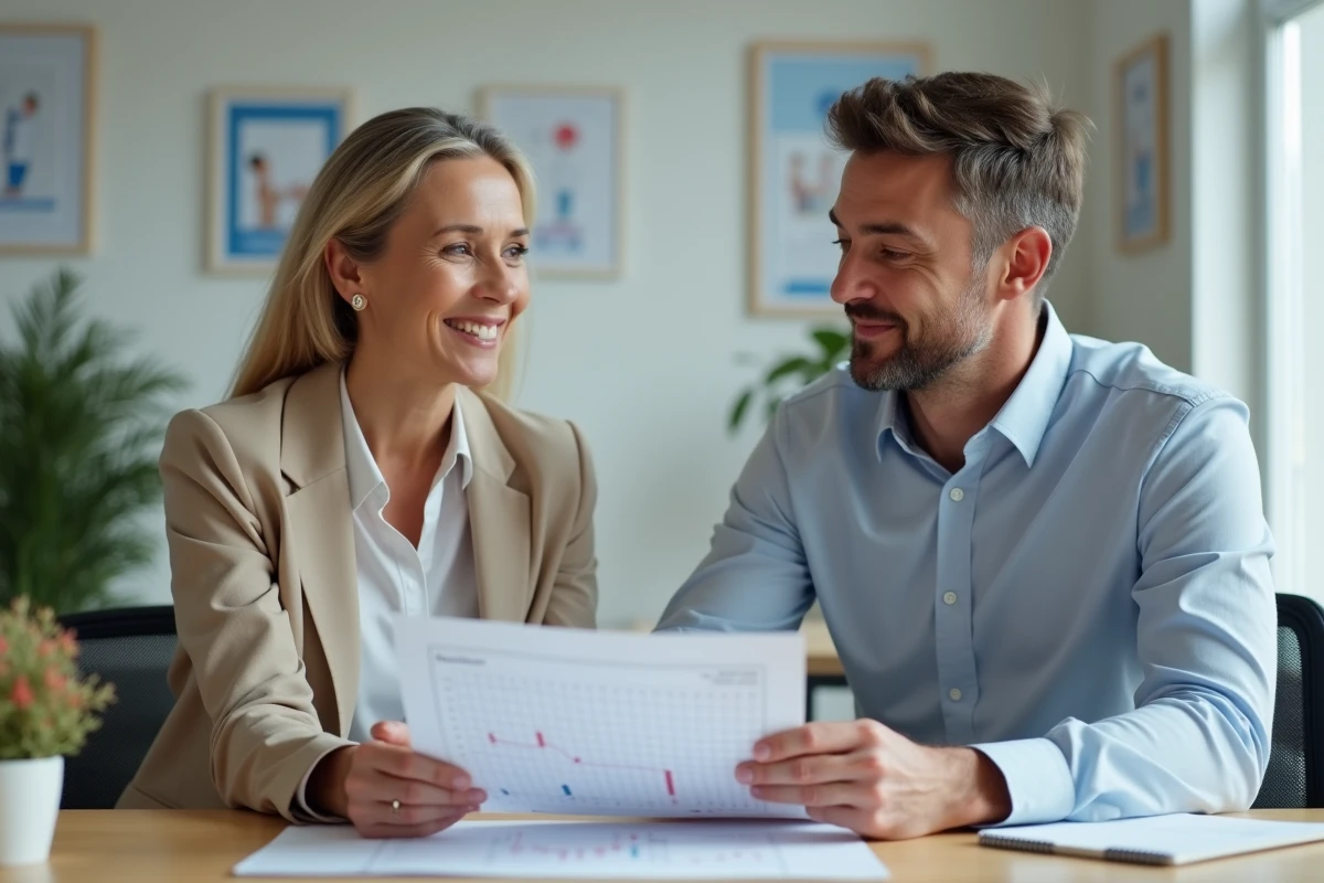 Femme d'âge moyen souriante avec coach santé en bureau