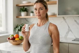 Femme tenant un flacon de complément minceur Lumilean dans une cuisine moderne avec des fruits frais sur le comptoir
