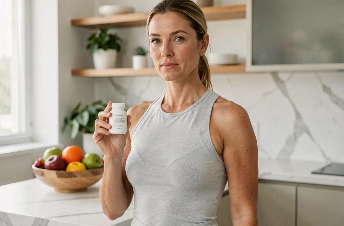 Femme tenant un flacon de complément minceur Lumilean dans une cuisine moderne avec des fruits frais sur le comptoir