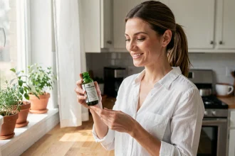Femme tenant une bouteille de complément phyto naturel dans sa cuisine pour booster son énergie au quotidien