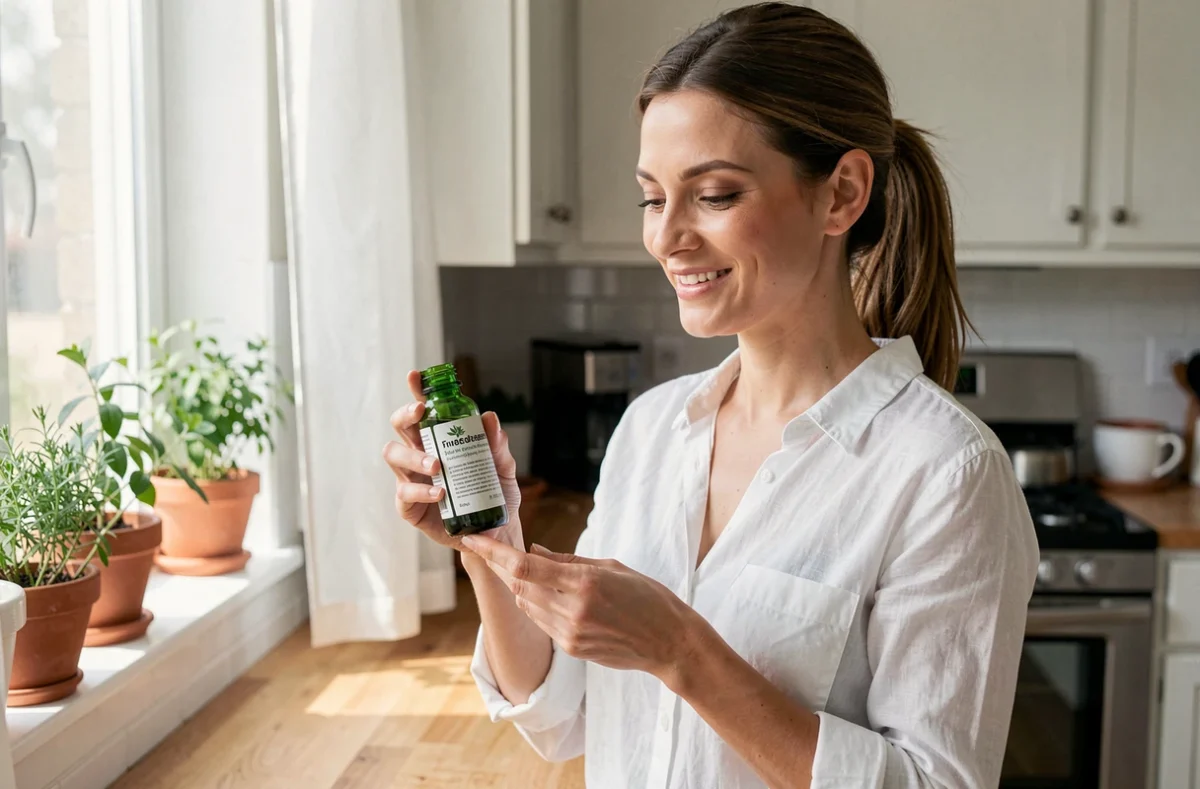 Femme tenant une bouteille de complément phyto naturel dans sa cuisine pour booster son énergie au quotidien