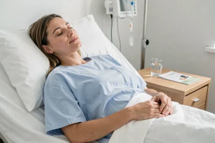 Femme allongée dans un lit d'hôpital après une opération d'un kyste aux ovaires, expression apaisée