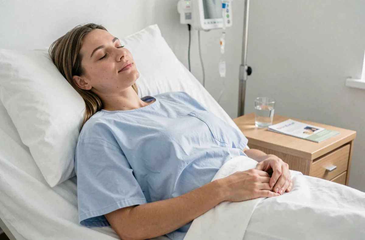 Femme allongée dans un lit d'hôpital après une opération d'un kyste aux ovaires, expression apaisée