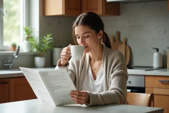 Femme en détente lisant un livret dans une cuisine lumineuse
