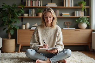 Femme méditant dans un salon cosy avec livres et plantes