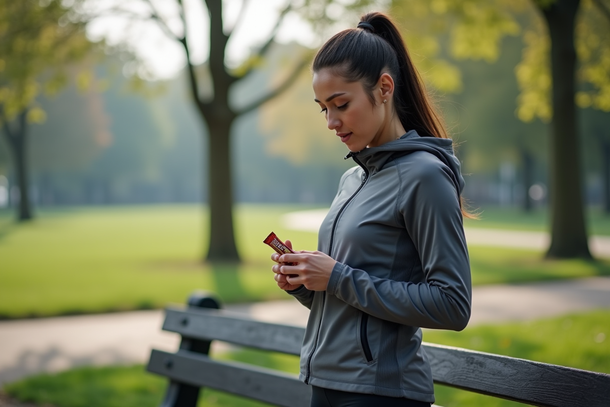 Jeune femme sportive en pleine nature urbaine en train de manger une barre énergétique
