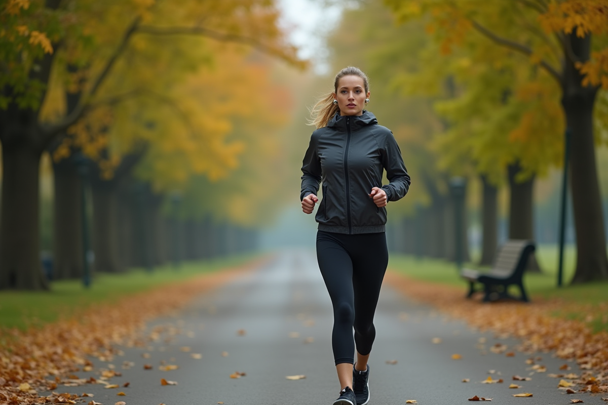 Femme courant dans un parc en automne avec feuilles