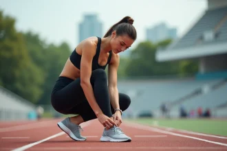 Femme sportive en pleine course dans un stade urbain