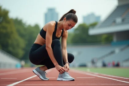 Femme sportive en pleine course dans un stade urbain