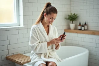 Femme en robe de bain tenant une crème apaisante pour démangeaisons intimes dans une salle de bain lumineuse