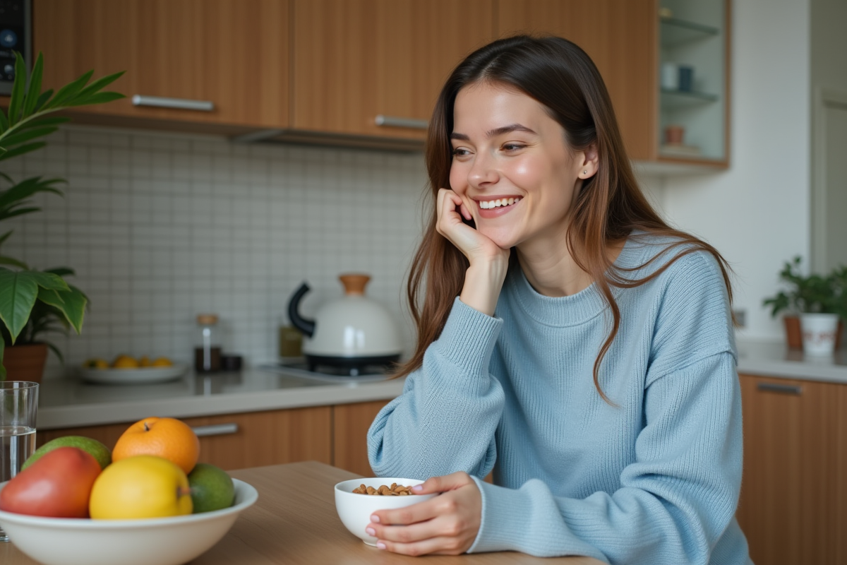 Femme assise à la cuisine avec un bol d'amandes